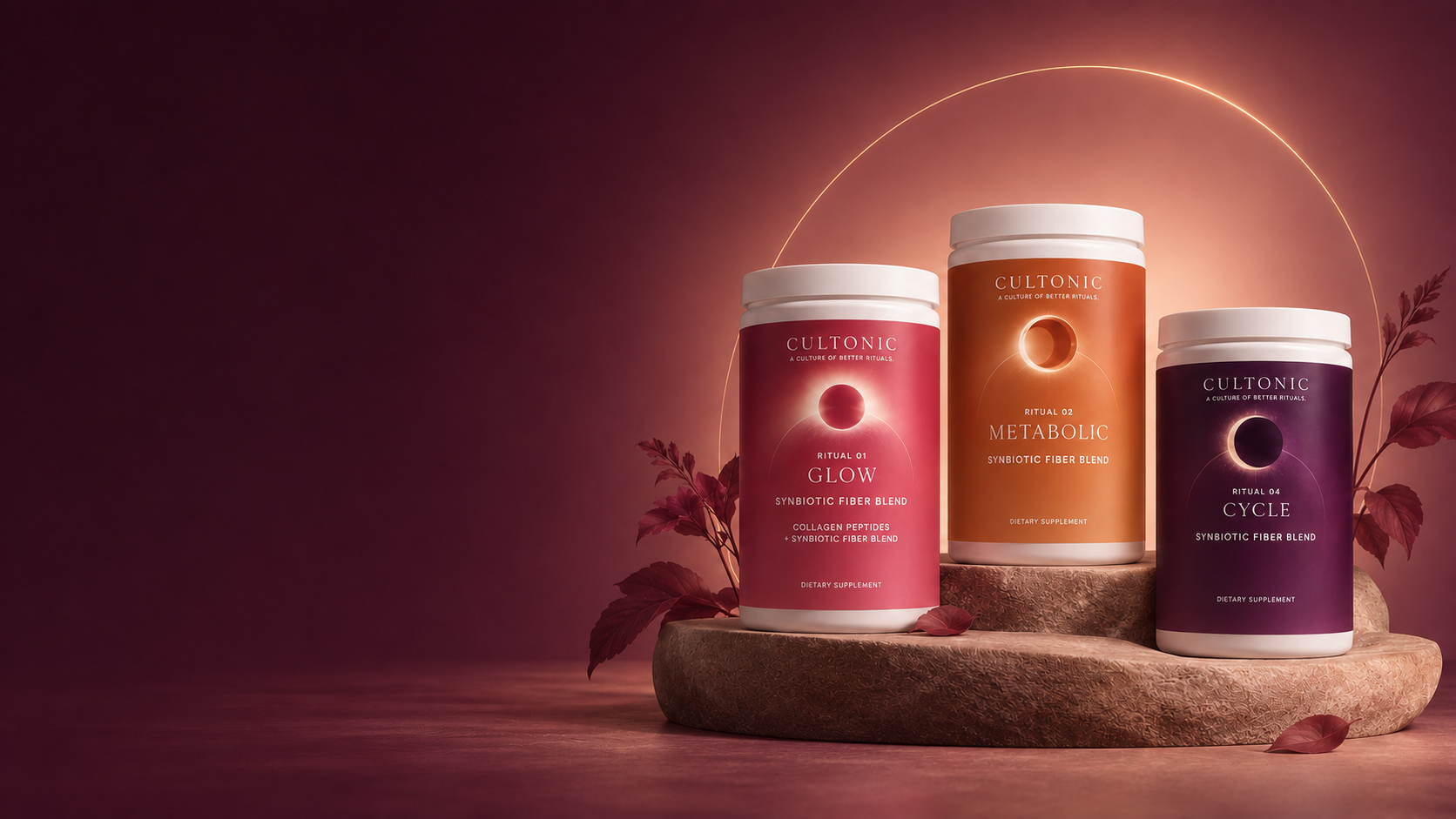 Three Cultonic fiber supplement tubs: Glow, Metabolic, and Cycle