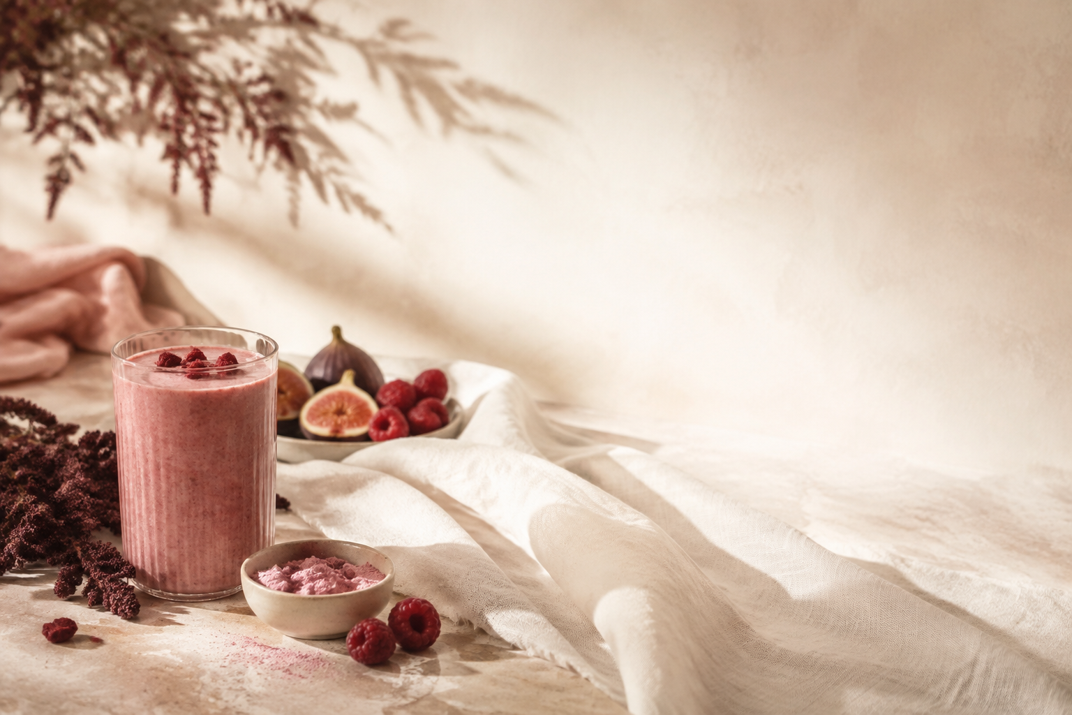 A berry-pink drink, raspberries, and powder arranged on a warm stone table